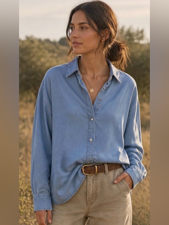 Massimo Dutti Tops - Massimo Dutti Portugal Lyocell Button-Up Denim Blouse - Oversized.